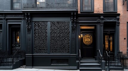 Black-painted facade with modern geometric metal screen over old townhouse entry