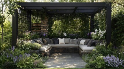Obraz premium Creative outdoor seating area with black steel pergola and rustic charm in townhouse garden