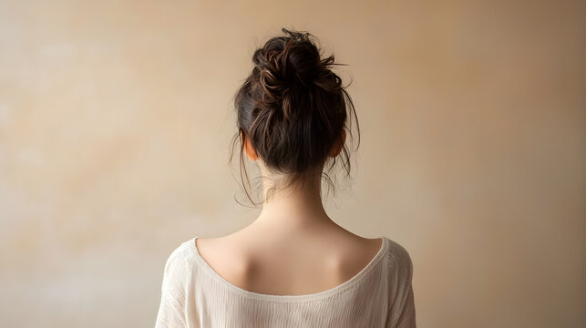 Serene Portrait: An intimate view of a woman, her back turned, evoking a sense of quiet contemplation against a soft-toned backdrop. The updo adds a touch of elegance, revealing a gentle neck curve.