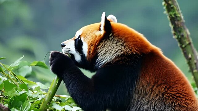 A cute red panda, a rare mammal also known as a firefox, enjoys bamboo in its wild, natural habitat