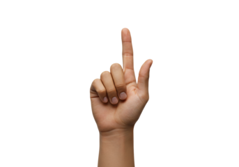 Close-up of a hand with index finger pointing up, gesture isolated on white background, communication and direction concept.

