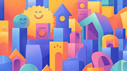 Fototapeta premium Joyful Abstract Cityscape of Colorful Geometric Buildings and Happy Emojis