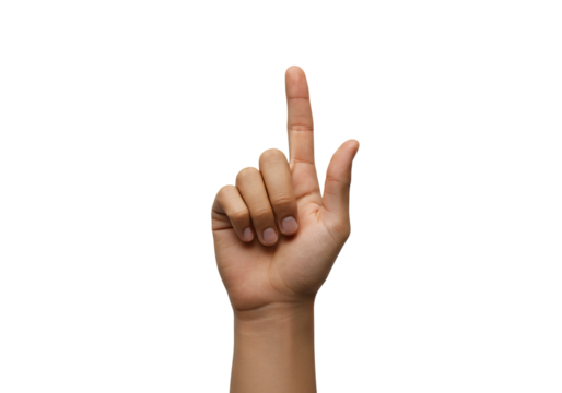 Close-up of a hand with index finger pointing up, gesture isolated on white background, communication and direction concept.

 - Powered by Adobe