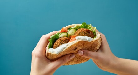 Hands holding delicious falafel sandwich with fresh vegetables and sauce