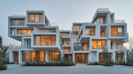 Fototapeta premium Modern apartment building with a unique modular design. Multiple levels, light-filled rooms with numerous windows, creating a dynamic facade