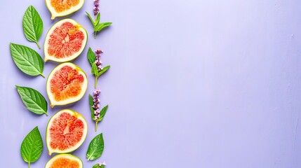 Minimalist arrangement of halved figs, leaves, and flowers on a soft purple surface