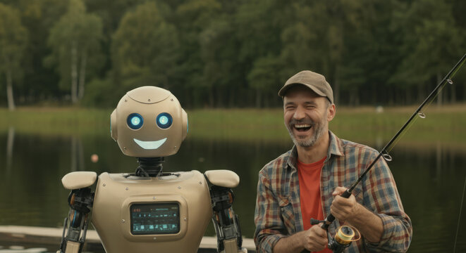 Caucasian adult male fishing with smiling robot by lakeside forest