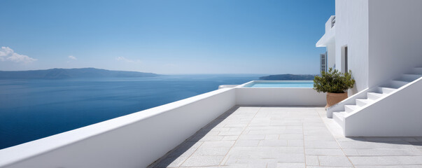 stunning view of modern terrace overlooking sea, featuring white architecture, swimming pool, and clear blue skies. This serene setting evokes relaxation and tranquility