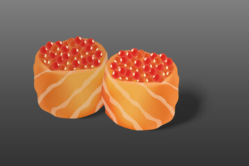 illustration of salmon-wrapped gunkan sushi topped with ikura (salmon roe) on a dark background. Perfect for food design and menu visuals.