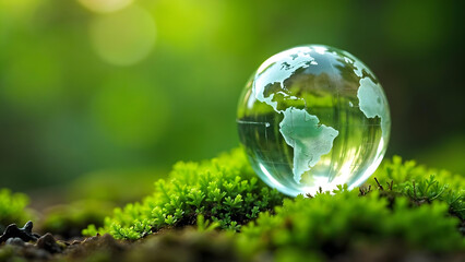 Glass Globe Earth on Lush Green Moss, Environmental Conservation