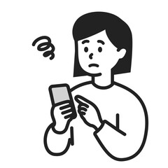 スマートフォンの操作に困る若い女性のシンプルなイラスト素材
