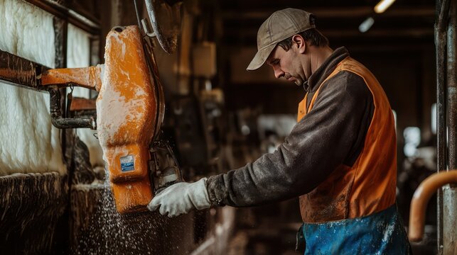 A farmer cleaning and sanitizing a milking machine before harvesting milk from a cow in a sterile, well-maintained dairy barn 