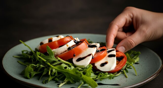 Hand arranging caprese salad with fresh mozzarella, tomatoes, and balsamic glaze on arugula - Powered by Adobe