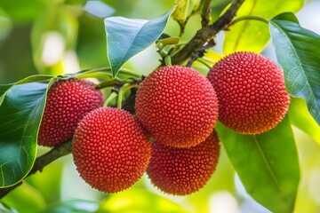Obraz premium Closeup of Red Mulberries on Branch Lush Green Leaves