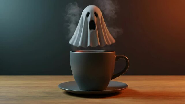 Ghostly Figure Emerging from Coffee Cup on a Wooden Surface  