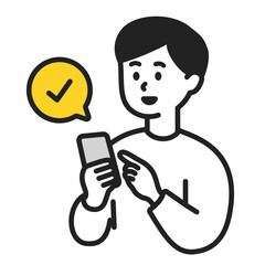 スマートフォンで完了操作をする若い男性のシンプルなイラスト素材　