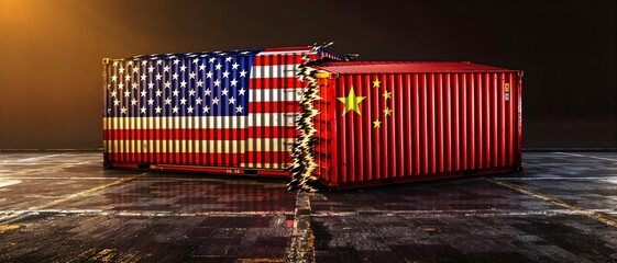 Symbolic representation of the USA and China through colliding cargo containers with respective flags, best for illustrating trade war concepts and articles on economic conflict. Business concept
