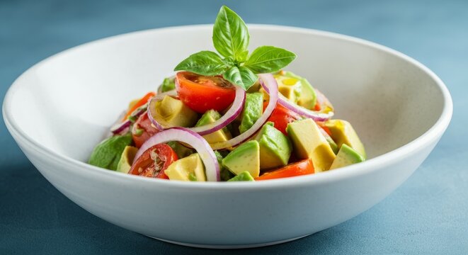 Fresh avocado salad with cherry tomatoes, red onion, and basil in white bowl