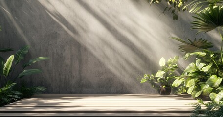 Empty wooden platform bathed in sunlight, surrounded by lush greenery against a gray concrete wall