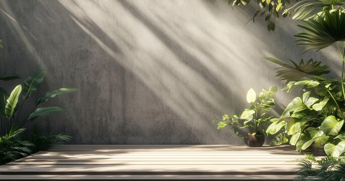 Empty wooden platform bathed in sunlight, surrounded by lush greenery against a gray concrete wall