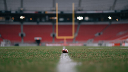 football rests on grass of empty stadium, with goalposts in background. scene captures anticipation of game, evoking feelings of excitement and solitude