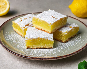 A slice of delicious yellow lemon cake, a sweet dessert pastry, sits isolated on a white plate, a perfect snack from the bakery