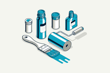 Artist decorator concept, 3D vector brush and splatters metaphor of interior decoration, or facade exterior art mural, interior designer work.