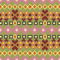 Seamless Pixel Art Thai Pattern with Crochet-Inspired Motifs