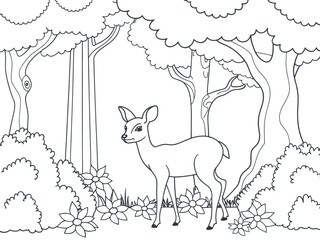 A charming black and white illustration of a deer in a serene forest setting.