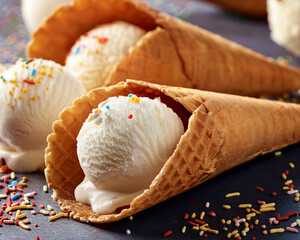 Vanilla ice cream scoops in waffle cones with sprinkles