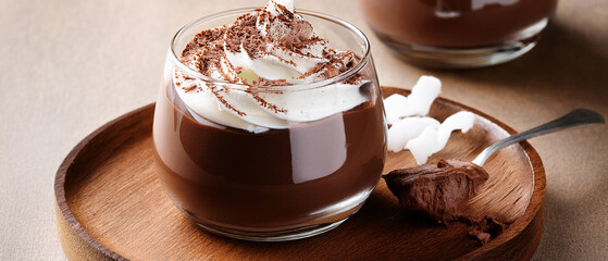 Delicious chocolate mousse dessert and sweet hot chocolate with white marshmallows and whipped cream in a glass cup are tempting brown beverages