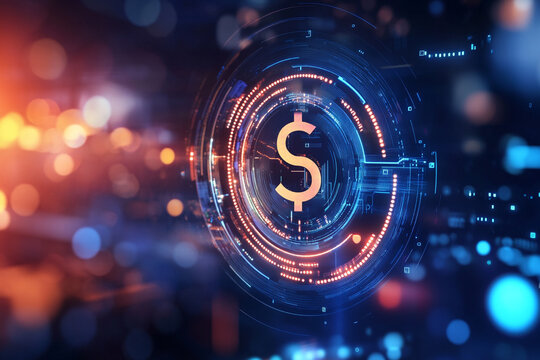 Digital dollar sign in futuristic technological interface glowing lights abstract background