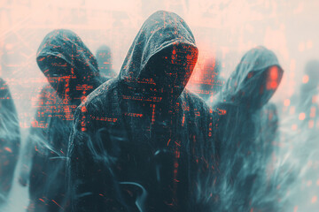Hooded figures in a digital storm a mysterious group obscured by technology