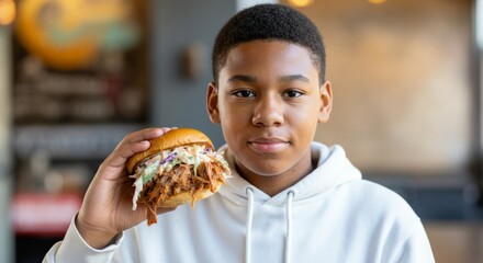 African teen holding pulled pork burger in restaurant setting