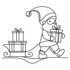Cartoon Santa Claus Delivering Presents Continuous Line Art Illustration