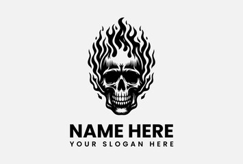 Minimalist fire skull logo template, modern burning skull vector illustration for edgy branding