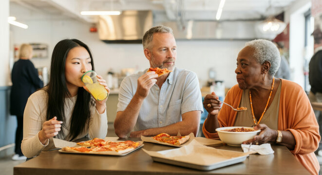 Diverse group enjoying pizza and beverages in a casual restaurant setting