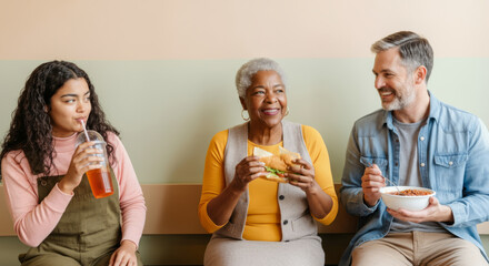 Diverse group enjoying lunch together with sandwich and noodles