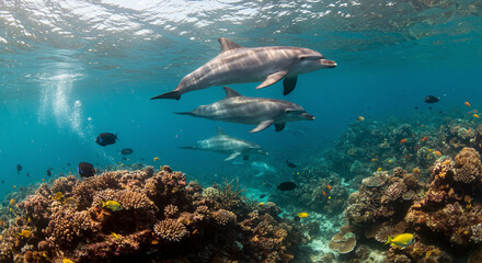 Obraz premium Dolphins Swimming Together in Tropical Coral Reef Underwater Scene
