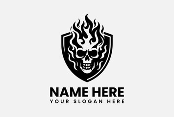 Vintage fire skull logo template, hand-drawn flaming skull vector illustration in tattoo art style 