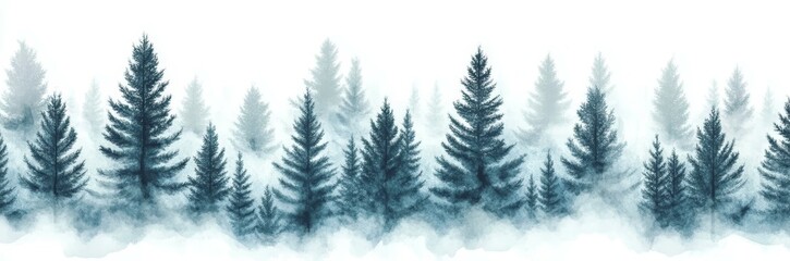 Fototapeta premium Mystical Evergreen Forest Serene Watercolor Landscape with Misty Depth, Tranquil Winter Scene for Nature Designs