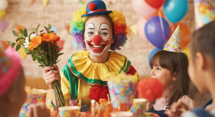 Clown entertainer at children's party with bright balloons and smiling faces