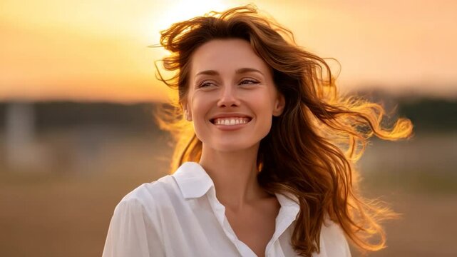 Woman smiling against golden sunset with windblown hair and white shirt