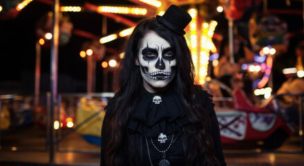 Fototapeta premium Female teen with skeleton makeup at nighttime carnival ride