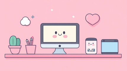 Cute and Playful Desktop Setup with Smiley Computer and Soft Pastel Background for Creative Workspaces