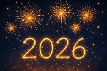 Celebratory Fireworks Display Welcoming the New Year 2026 with Brilliant Sparks and a Dazzling Night Sky, Marking the Start of a Fresh Chapter and New Beginnings. Happy New Year 2026.