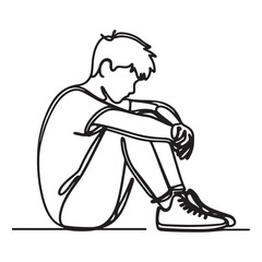 Sad Boy Silhouette Illustration One Line Drawing Concept Vector Art