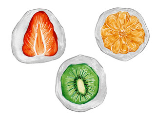 水彩で描いた鮮やかで美味しそうな和菓子フルーツ大福の一式