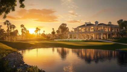 Fototapeta premium Opulent mansion beside a tranquil lake reflecting the golden light of sunset