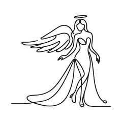 Elegant Angel with Wings and Halo Line Art Vector Illustration